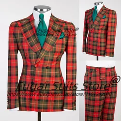 Fashion Red Plaid Men Suits Slim Fit Double Breasted Peak Lapel Groom Tuxedos 2 Pieces Sets Banquet Male Blazers Costume Homme