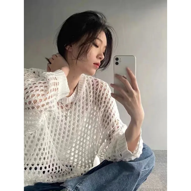 

Summer Thin Knitted Sun Protection Clothes Women's Casual Hollow Design Long Sve Top Lightweight Breathable Nylon