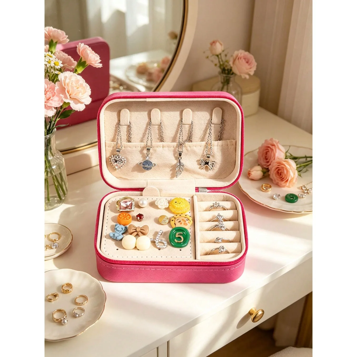 

1pc Portable Jewelry Box - Elegant Necklace, Ring And Earring Storage And Organizer, Perfect Square Zipper Jewelry Box