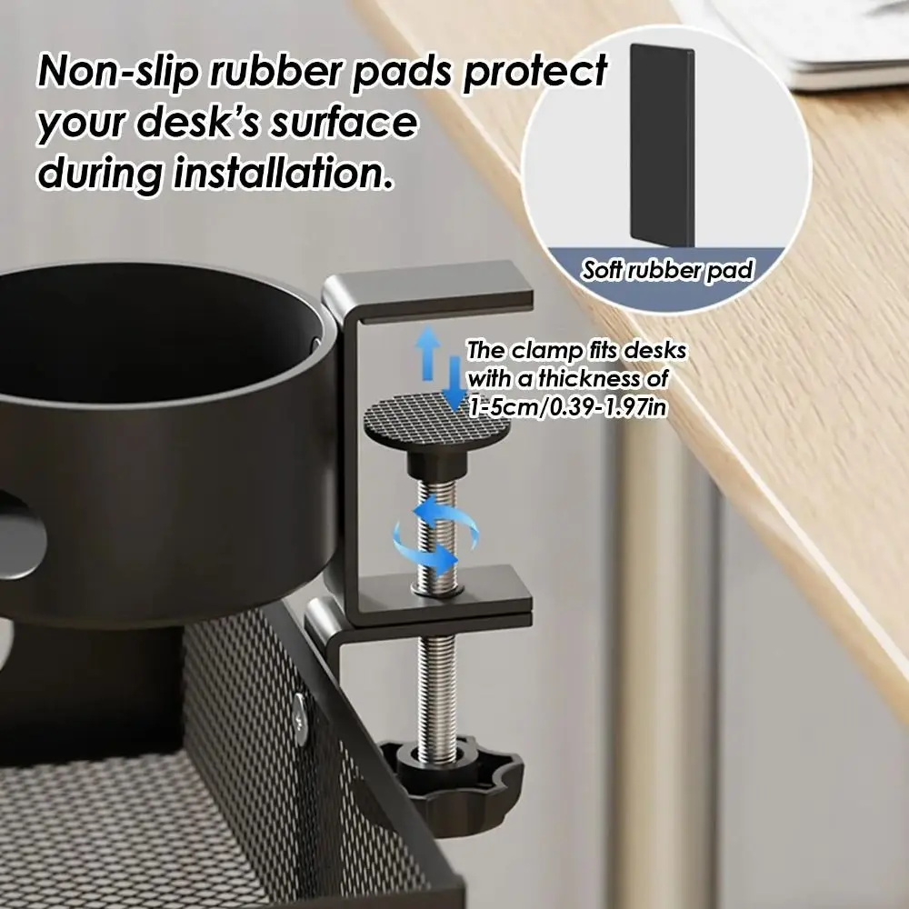 360 Degree Rotating Under Desk Storage Rack No Drill High Load Capacity Desktop Stationery Shelf with Cup Holder Carbon Steel