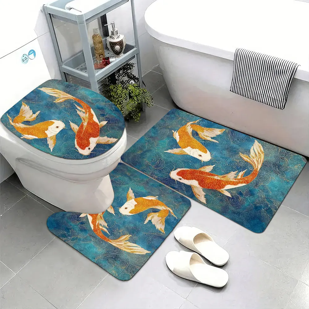 

Набор из 3 ультрамягких ковриков для ванной комнаты с нескользящей основой, с изображением двух золотых рыбок кои, плавающих в воде.