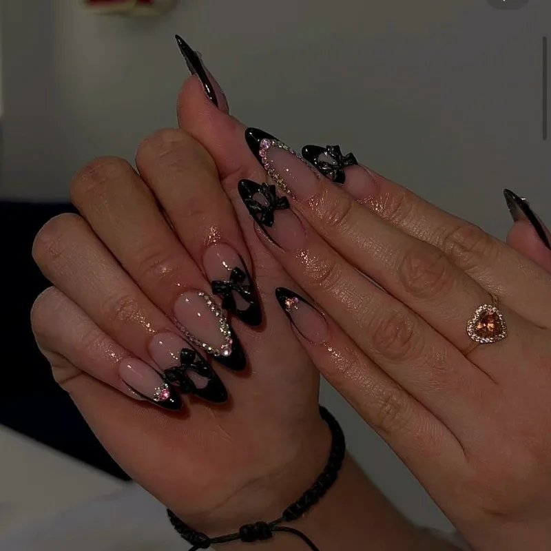 

European American Sweet Heart Diamond Bow Almond Blush Press On Nails 24Pcs Self Adhesive Reusable False Nails For Girls Women Daily Nail Art Accessory