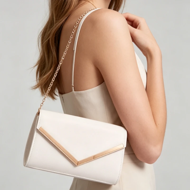 

Elegant Leather Envelope Clutch Purse with Rose Gold Chain Strap, Convertible Crossbody Shoulder Bag for Women Formal Occasions