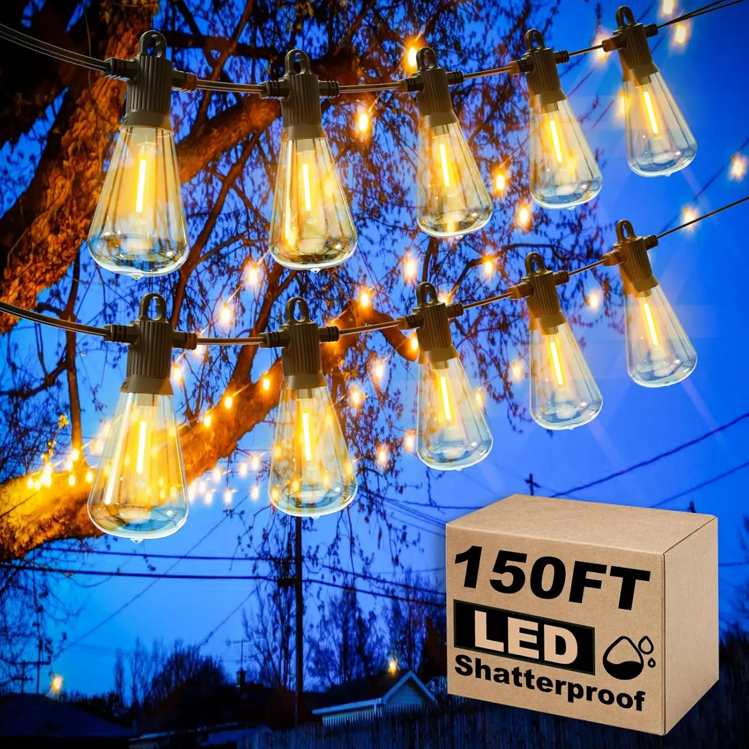 

150FT LED String Lights with 75 Vintage Edison Bulbs, Dimmable & Waterproof, Connectable for Patio Garden