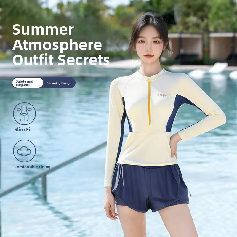 Large Size Women's Thermal Spa Swimsuit Two-Piece Long Sleeve Conservative Belly Covering Slimming Swimming Training Suit
