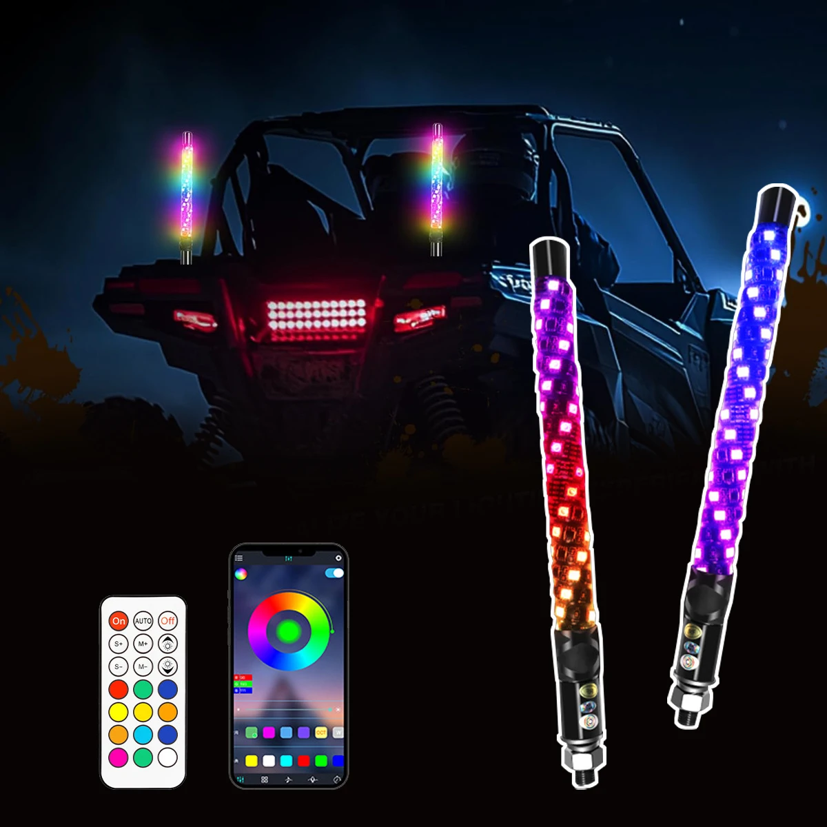 

1FT LED Whip Light APP Remote Control for ATV UTV SXS Off Road Truck Sand Buggy Dune RZR Dancing Warning Antenna Flagpole Lights