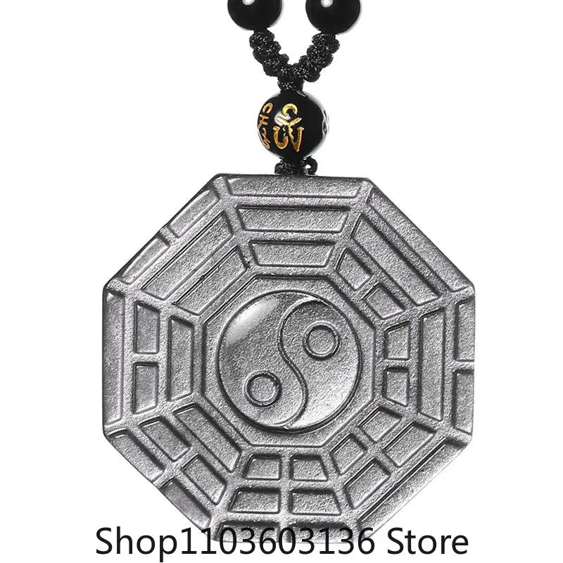 

Silver Color Obsidian Yin Yang Bagua Necklace Pendant Mens Lucky Jewelry