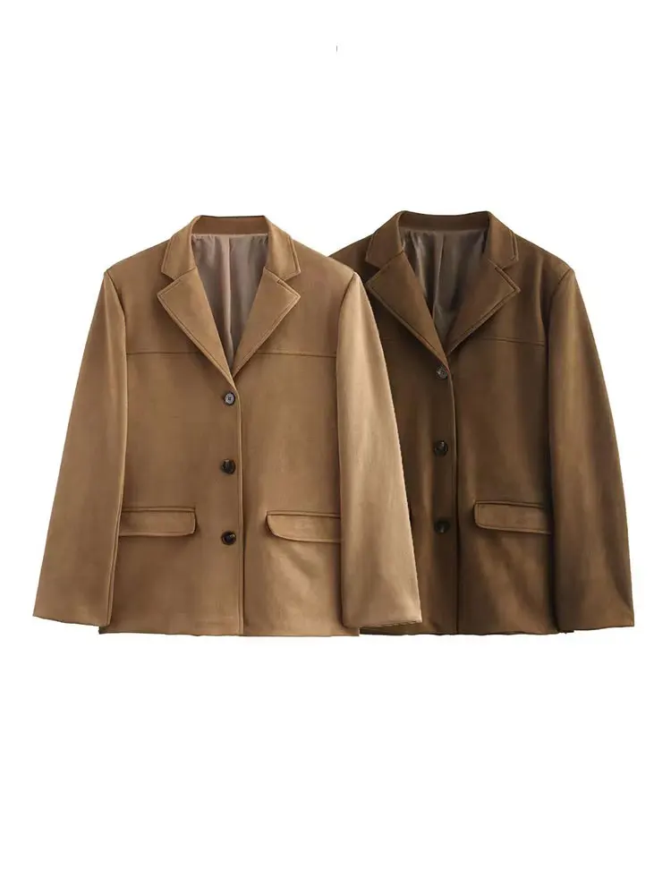 HH Trendy Suede Blazer For Women Autumn Causal Solid Color Single Breasted With Pockets Long Sleeves Lapel Retro Coats