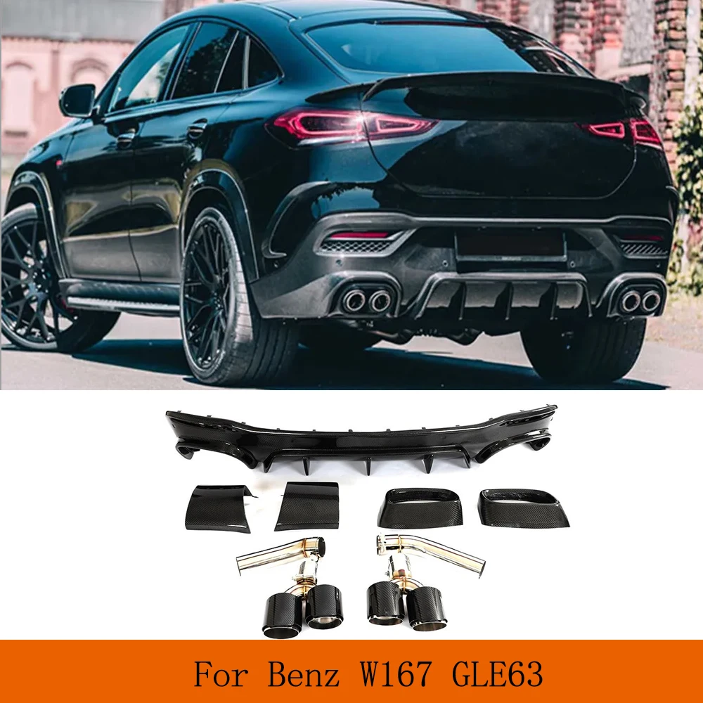 

For Mercedes Benz GLE Class W167 C167 GLE63 AMG Carbon Fiber Rear Bumper Car Diffuser Lip With Exhaust Tips Tailpipe