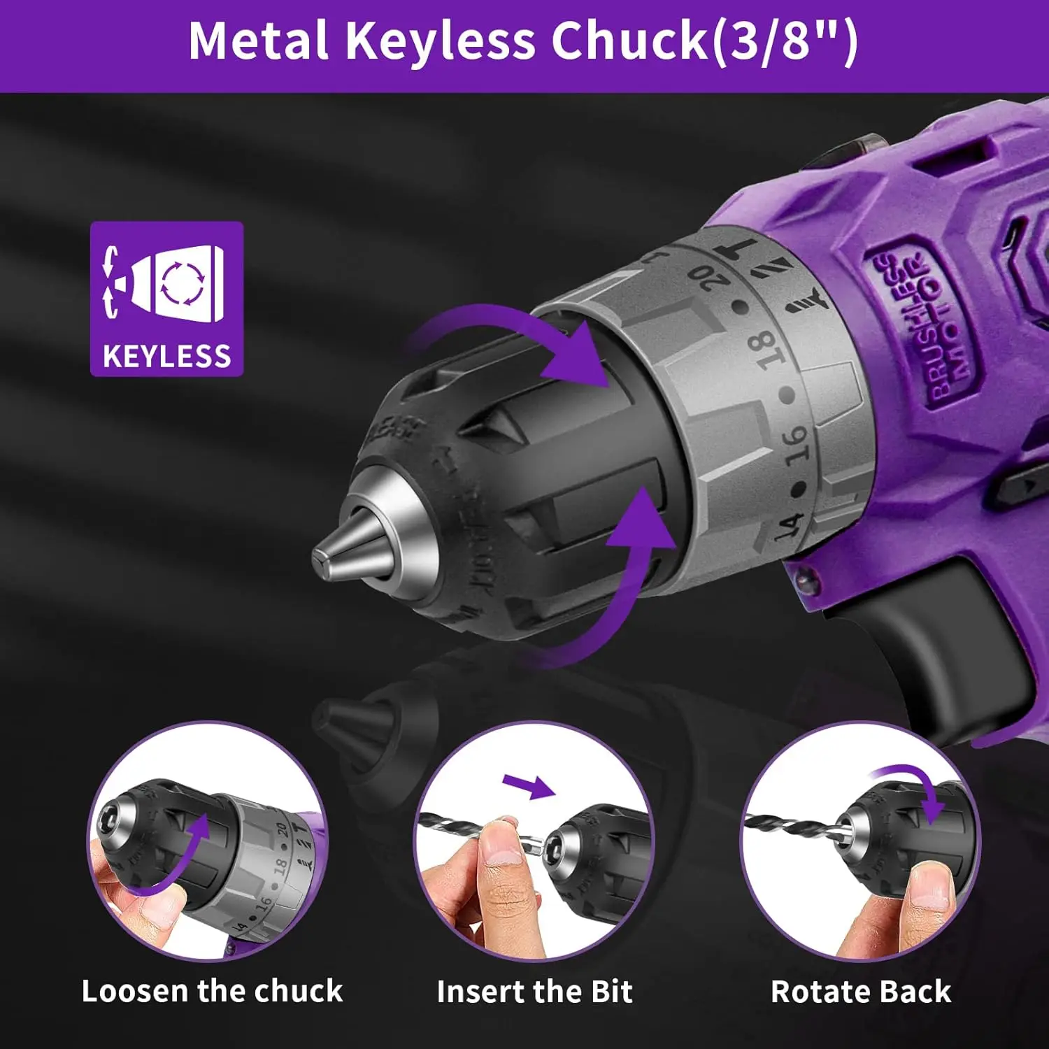 Brushless Cordless Drill Set, 20V Compact Power Drill Driver, Purple Brushless Electric Drill Motor, 20+3 Torque Setting, 48