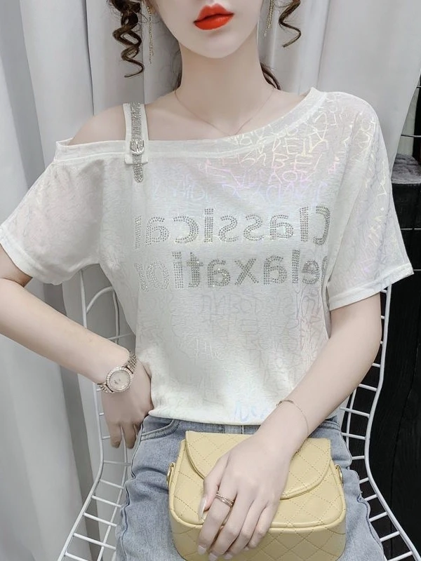 Summer New Women's Loose Fit T-Shirt Korean Style Shoulder Bared Short Sleeve Diamond Heat Pressed Design Versatile Casual Top