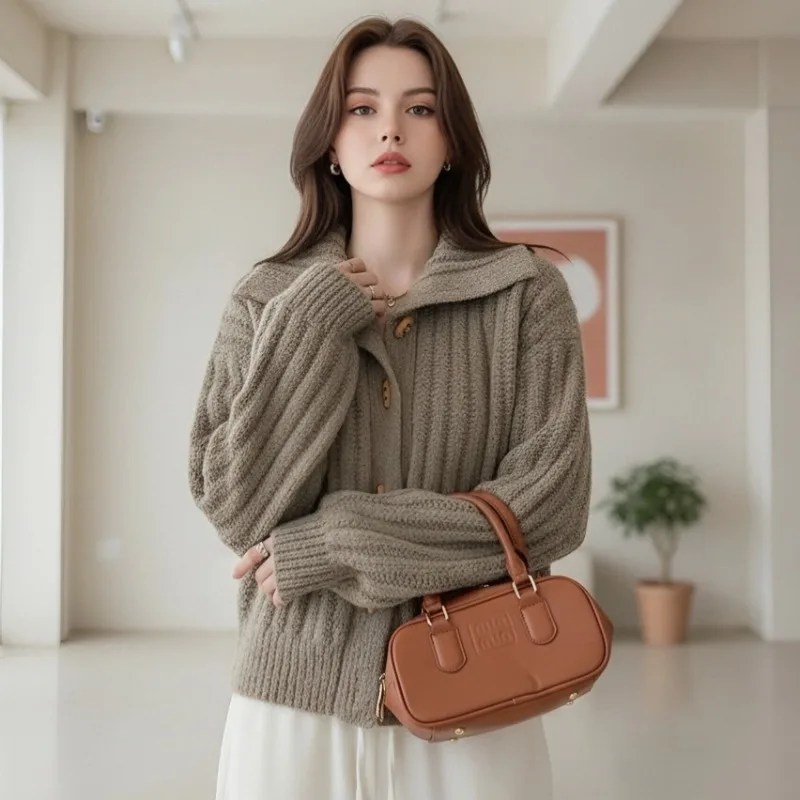 

Retro Turtleneck Solid Color Korean Casual Women's Knitted Cardigan Autumn and Winter New Fashion Versatile Soft Sweater Coat 15