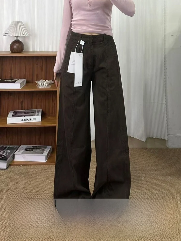 

Retro American High Waist Loose Brown Denim Pants Women Summer Spicy Girl Slimming New plus Size Straight Leg Wide Leg Trousers