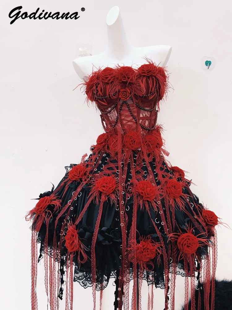 

Готический сексуальный крутой горячий женский топ с перьями и красным цветком, корсет, юбка-пачка, наряд в стиле панк, костюм для музыкального фестиваля