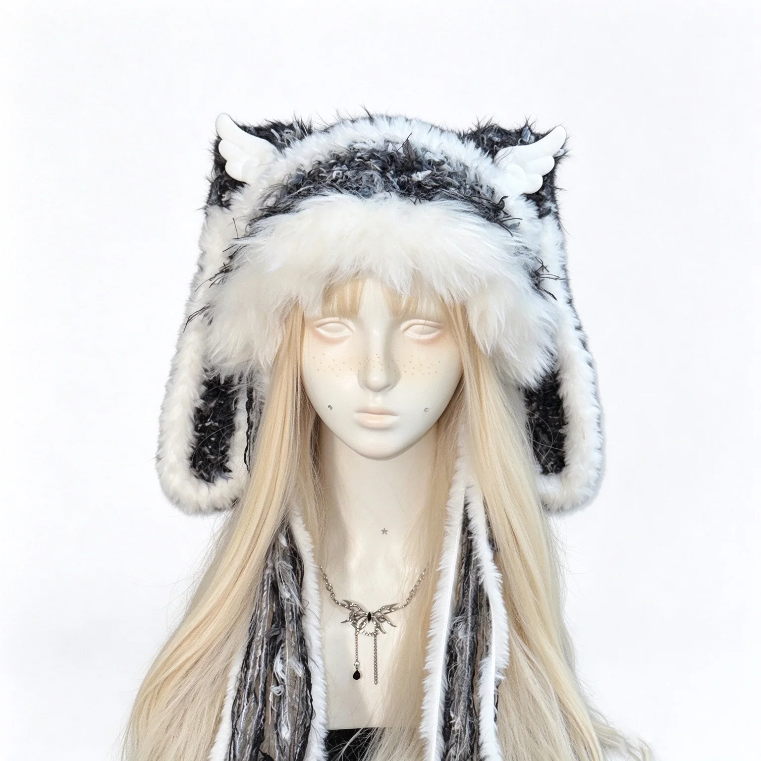 Handmade Black White Rabbit Bunny Ears Gothic Hat Women Custom Crochet Wing Decor Fuzzy Knit Beanie Girls Kawaii Cosplay Caps