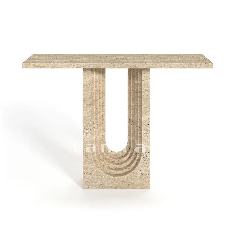 xx-Living Room Furniture Narrow Long Bege Travertine Stacked Base Rectangular Marble Table Modern Console Table^