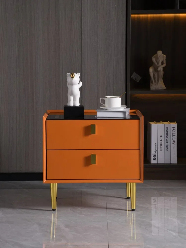 Smart Wireless Charging Bedside Table with 2 Drawers Orange Color Modern Style Bedroom Nightstand Hotel Wooden End Table