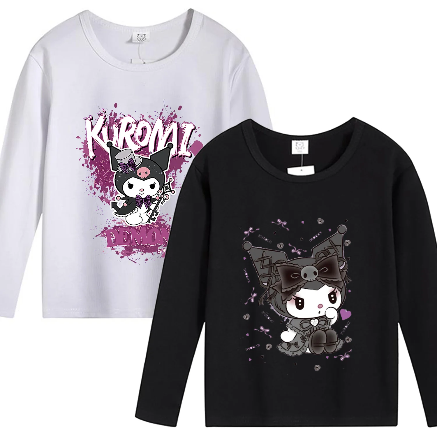 Kuromi Children\'s Long Sleeve T-shirt Kawaii Sanrio Anime Black White Casual Cotton Clothes Cute Christmas Versatile Blouse Gift