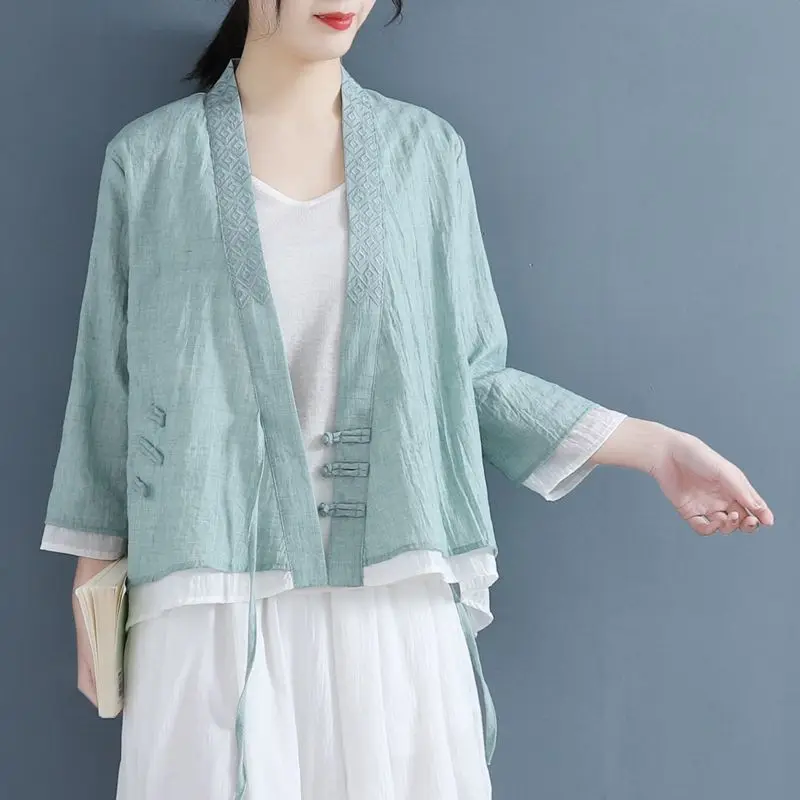 Women's Spring Summer Chinese Style Embroidered Oblique Placket Frog Button Shirt, Loose Zen Tea Blouse, Spliced 3/4 Sleeve Top