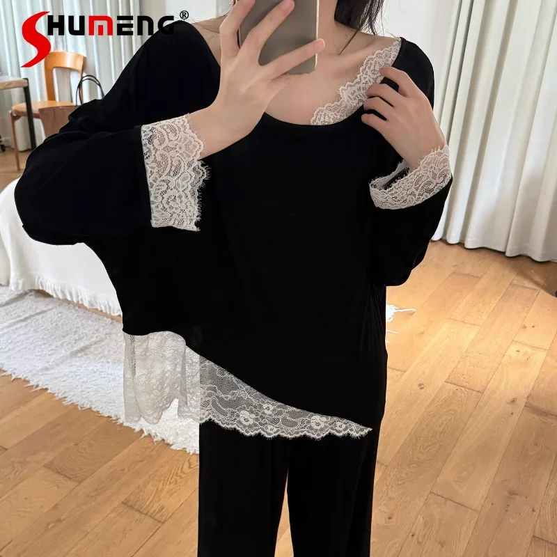 

Черные пижамы в японском стиле для женщин, весенне-осеннее кружевное домашнее белье с открытыми плечами, женское кружевное свободное нижнее белье с рукавами «летучая мышь»