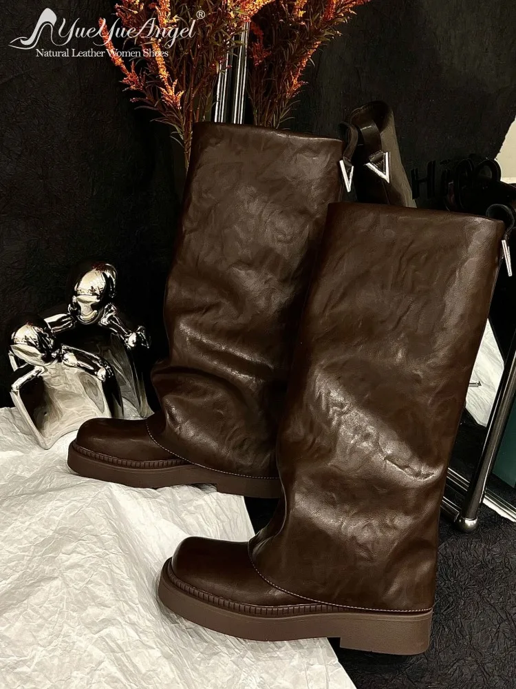 

Elegant Womens Retro Mid Heel Genuine Leather Solid Color Handmade Square Toe Cowhide Boots Back Fashion Square Heel Ankle Boot