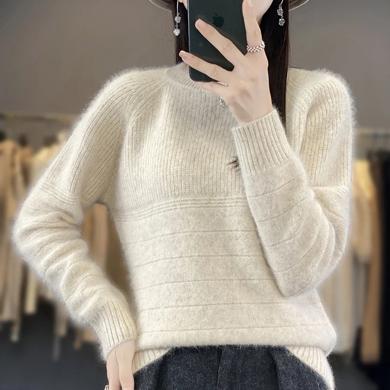 23 Autumn Winter New Mink Fleece Knitwear Women's Round Neck Long Sleeve 100% Mink Fleece Jacquard Panel Thickened Warm Knitwear