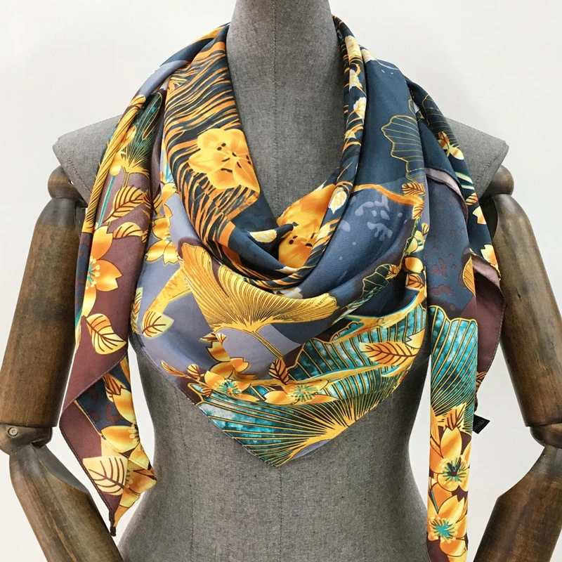 Luxury Brand 100% Twill Silk Scarf Square 130*130cm Scarf Scarves New Design Print Kerchief Women Neck Shawl Wraps Echarpe Hijab