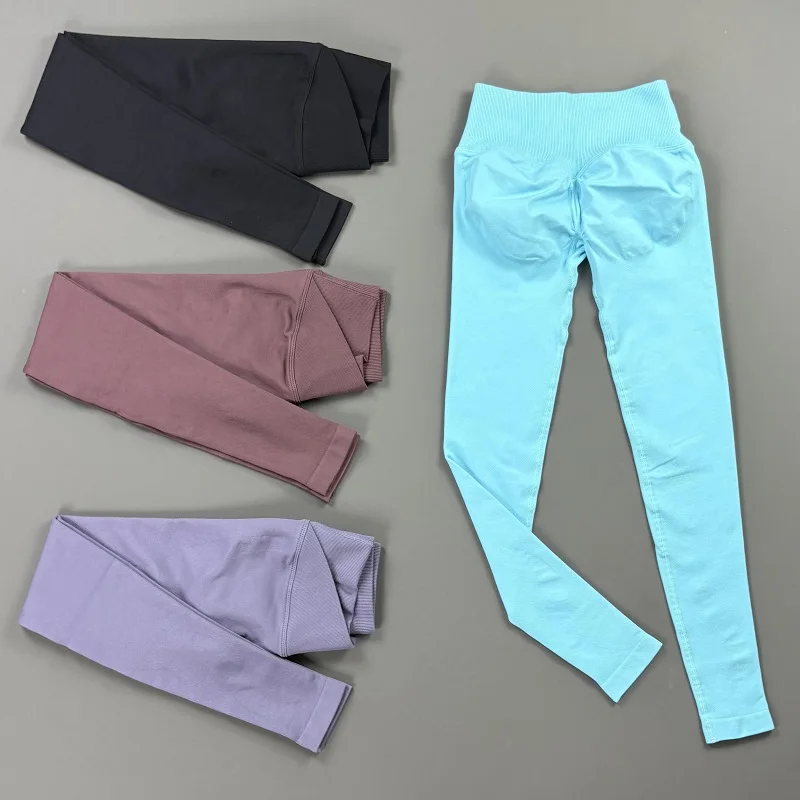 Leggings de sport sans couture pour femme, taille en V croisée côtelée, effet froncé aux fesses, coupe ajustée très élastique, pour la gym, le yoga et le pilates
