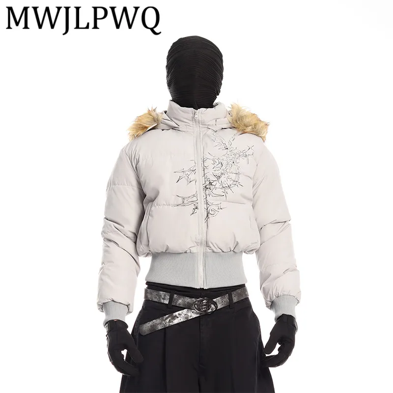 

MWJLPWQ Зимняя короткая куртка с меховым воротником и принтом для мужчин и женщин, теплое хлопковое пальто с тонкой талией и капюшоном для похудения 12796