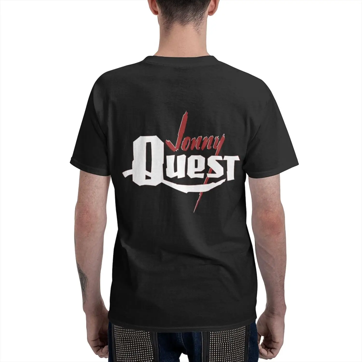 Jonny and Quest Men's Short Sleeve T-Shirt Double Sided Printing Casual Crew Neck Tops Black