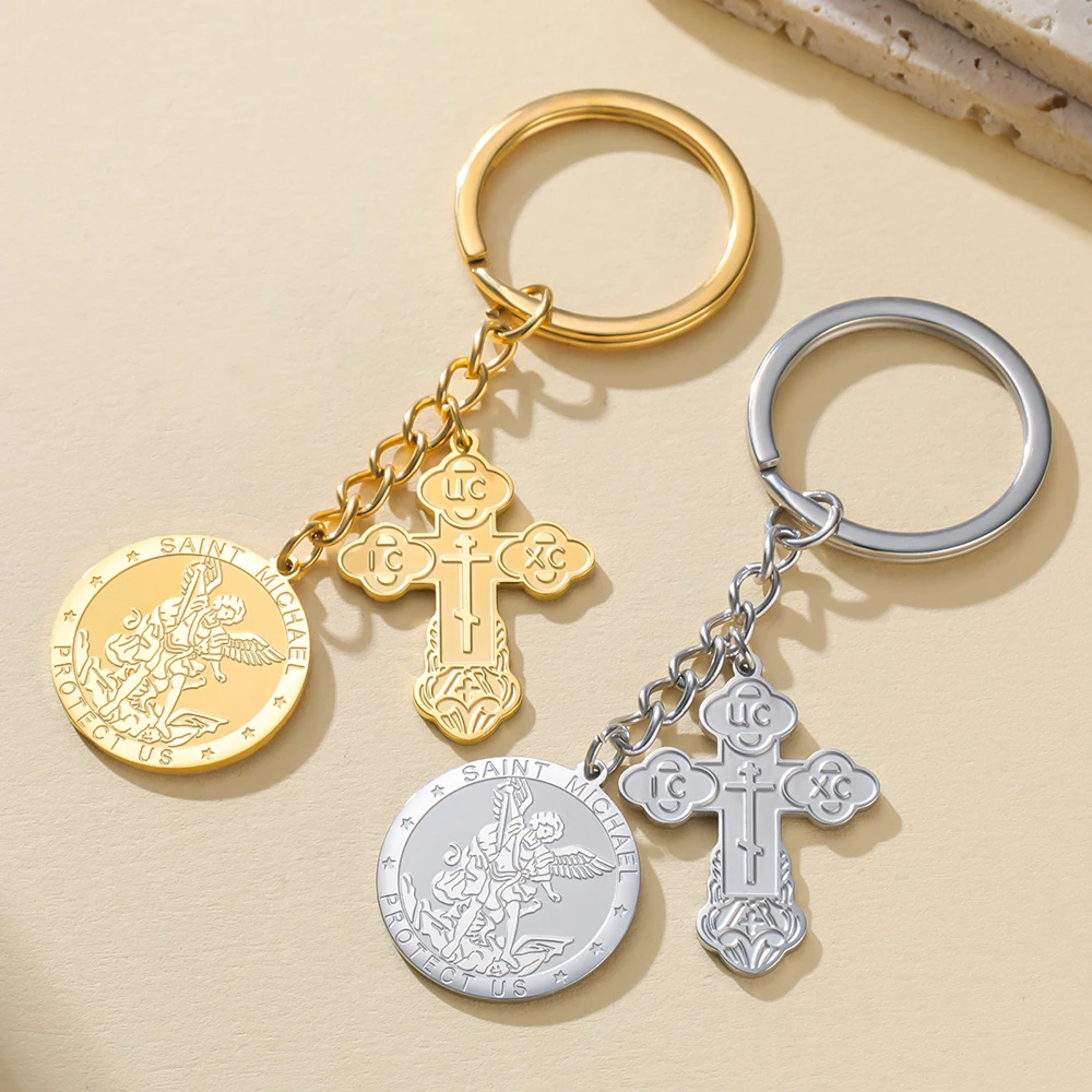 Dawapara Orthodoxes Kreuz und Heiliger Michael Anhänger Schlüsselanhänger Religiöses Gebet Erzengel Christlicher Talisman Edelstahl Schlüsselring – Detail 8
