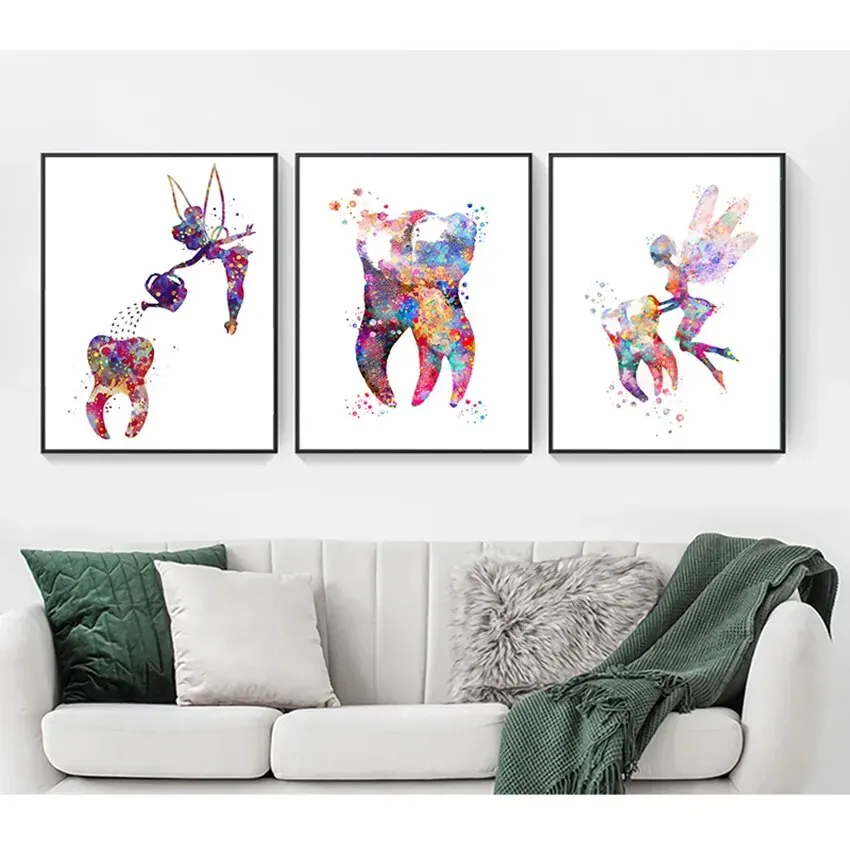Dental Art Watercolor Diamond Print  Teeth Wall Pictures Tooth Fairy Clinic Decor Hygienist Poster for Dental Office Home Deco