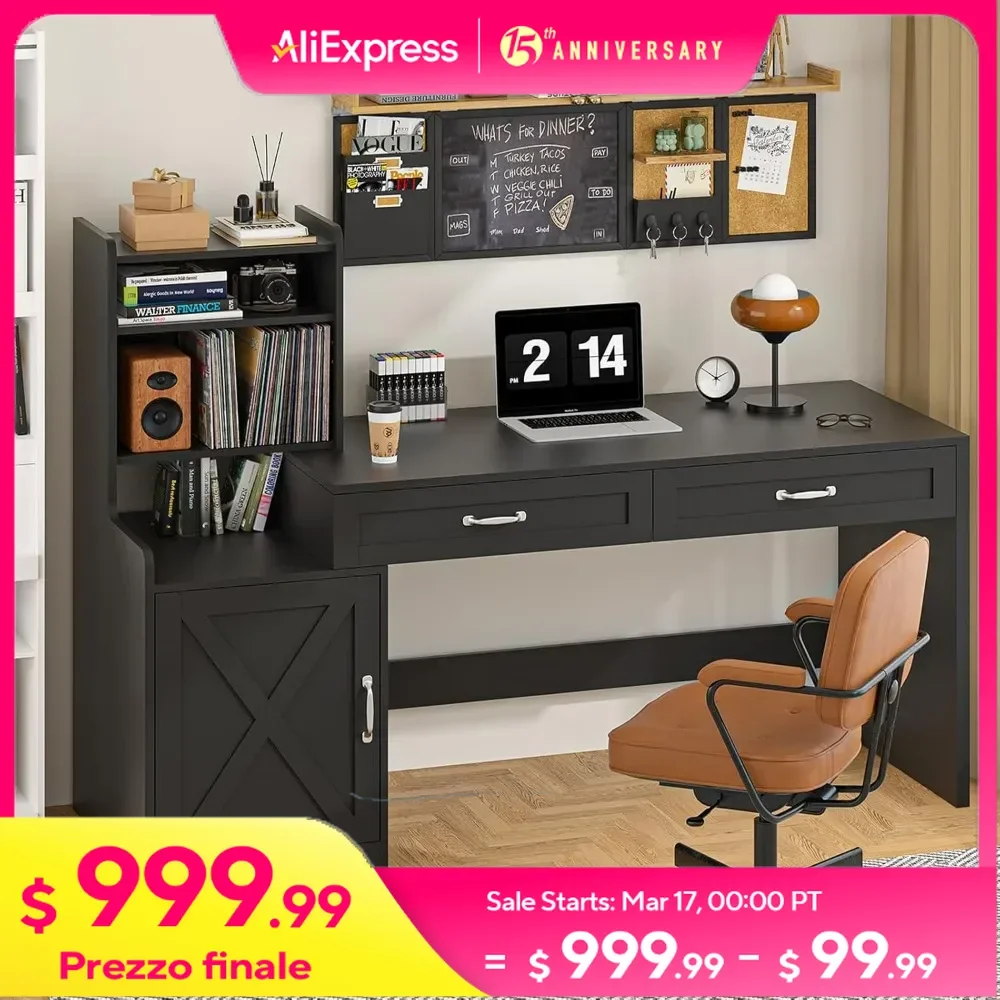 60 Computer Desk with 2 Drawer & Bookshelves, Office Desk with Storage Cabinet，Gaming Study Table with Bookcase，Computer Desk