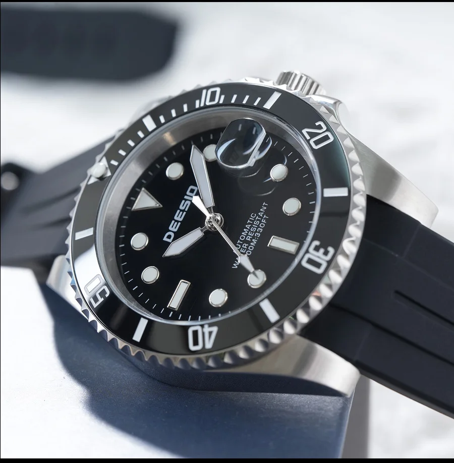 Deesio Luxury Men's Full Automatic Mechanical Watch, 316L Stainless Steel Case, Silicone Strap, Date Display, Luminous Hands, Upgrade 100M Waterproof, High-Mineral Glass, Sport Sweatproof, Self-Wind & Manual Wind, Black Classic Business Casual Design