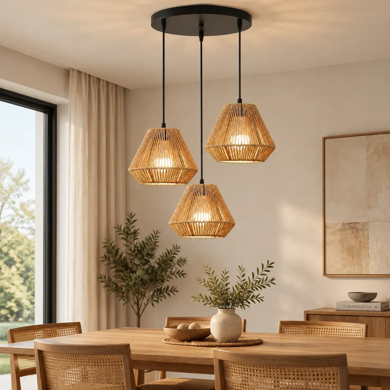 Retro 3-Light Wicker Woven Chandelier Handcrafted Artisan E27 Pendant Light Fixture Hanging Ceiling Lamp for Living Room Hotel