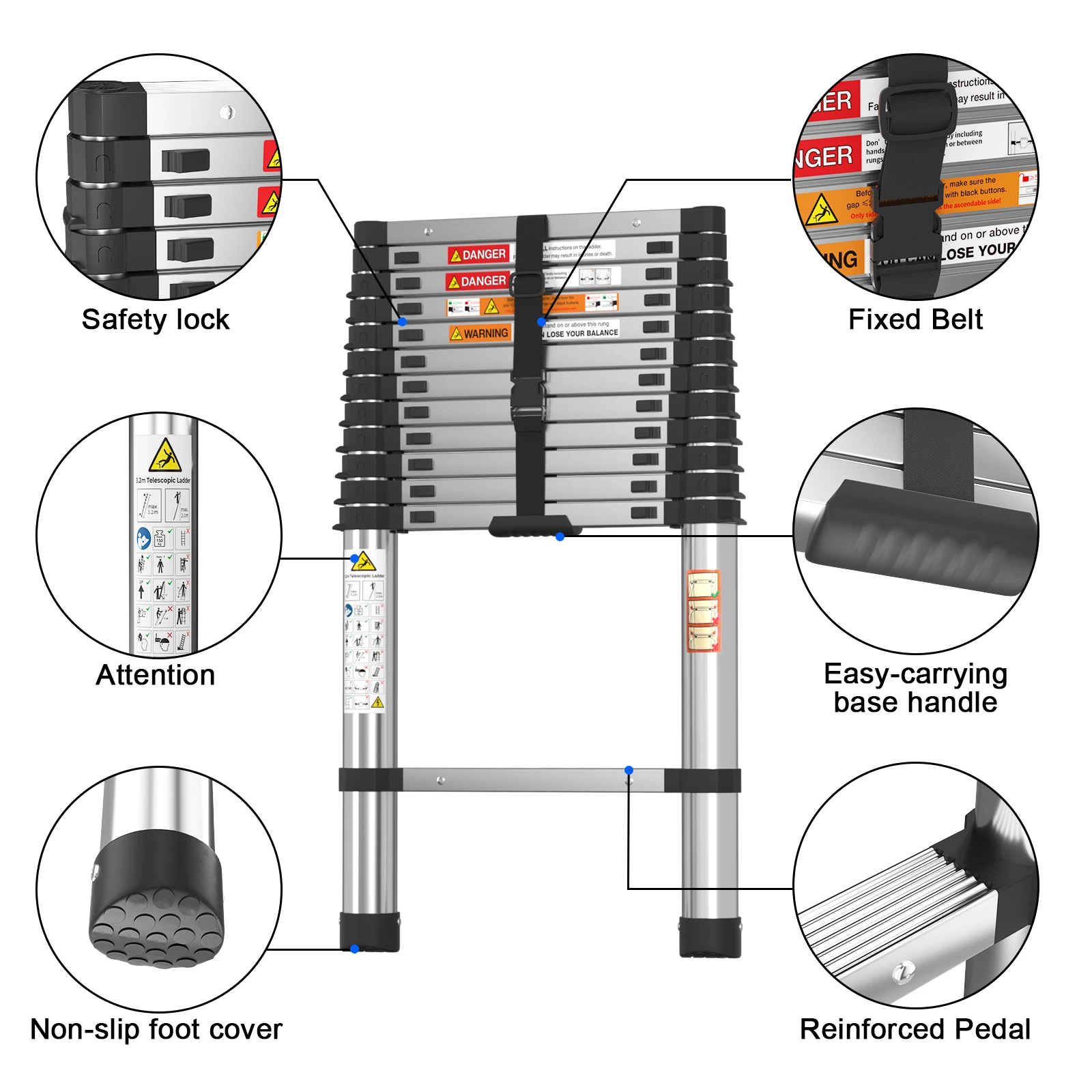 BRIEFNESS EN131 سلم تلسكوبي معتمد بطول 12.5 قدم، سلم تمديد علوي من الألومنيوم 3.8 متر مضاد للانزلاق وخفيف الوزن ومحمول