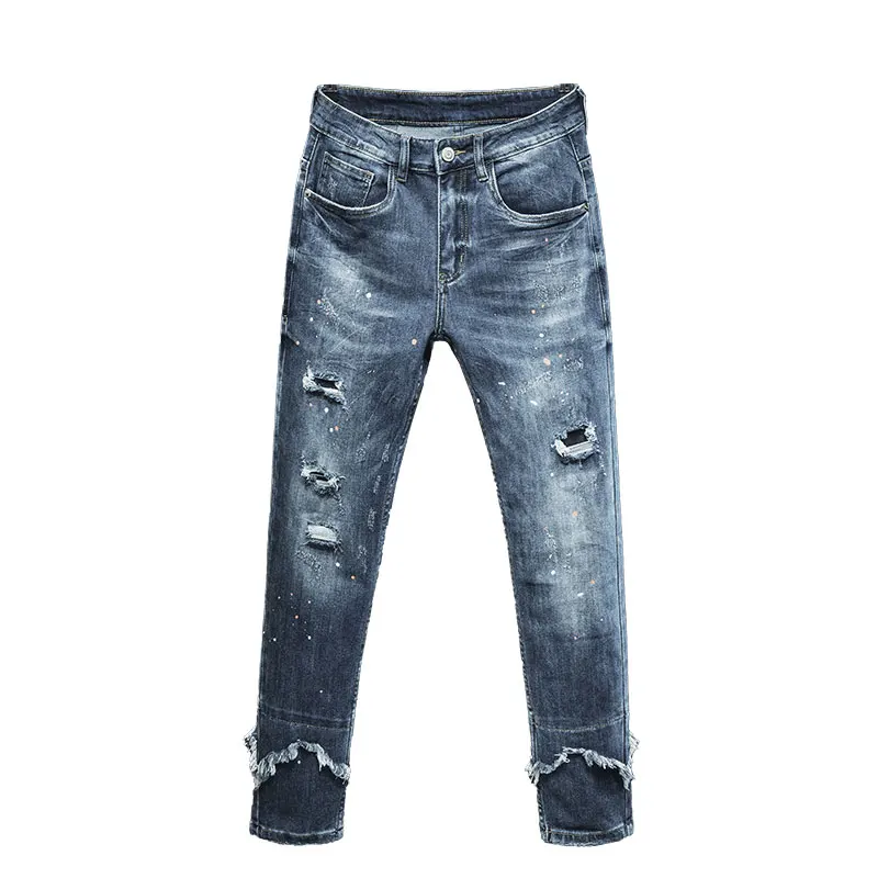 Jeans slim fit rasgado de motocicleta masculino, design de costura elástica, rua casual, bonito, lavado, vintage, longo, novo, 2022