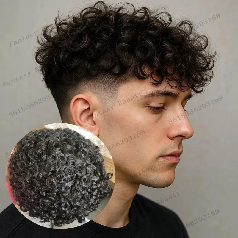 

Cheapest 100% Human Hair Male Wigs Curly Durable Mono Top Easy Wear Natural Hairline European Man's Toupee Remy Hair System Unit