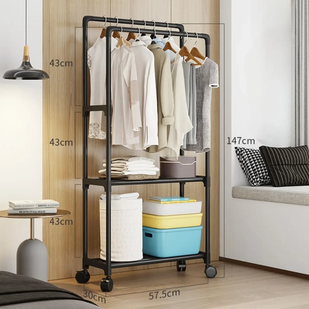 رف للمعطف قائم على الأرضية بعمود مزدوج ، شماعات ملابس ، قدرة حمل قوية ، خزانة ملابس متحركة متعددة الطوابق