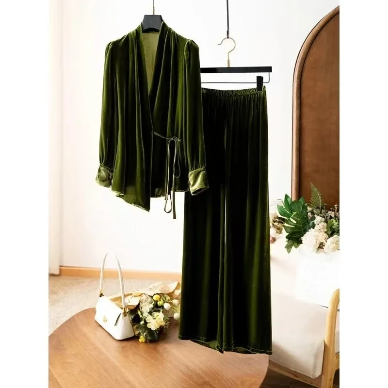 

Luxury High-end Vintage Two-piece Set Women V-neck Lace-up Shirt High Waist Straight Wide-legged Pants Suits Chic Velvet Sets