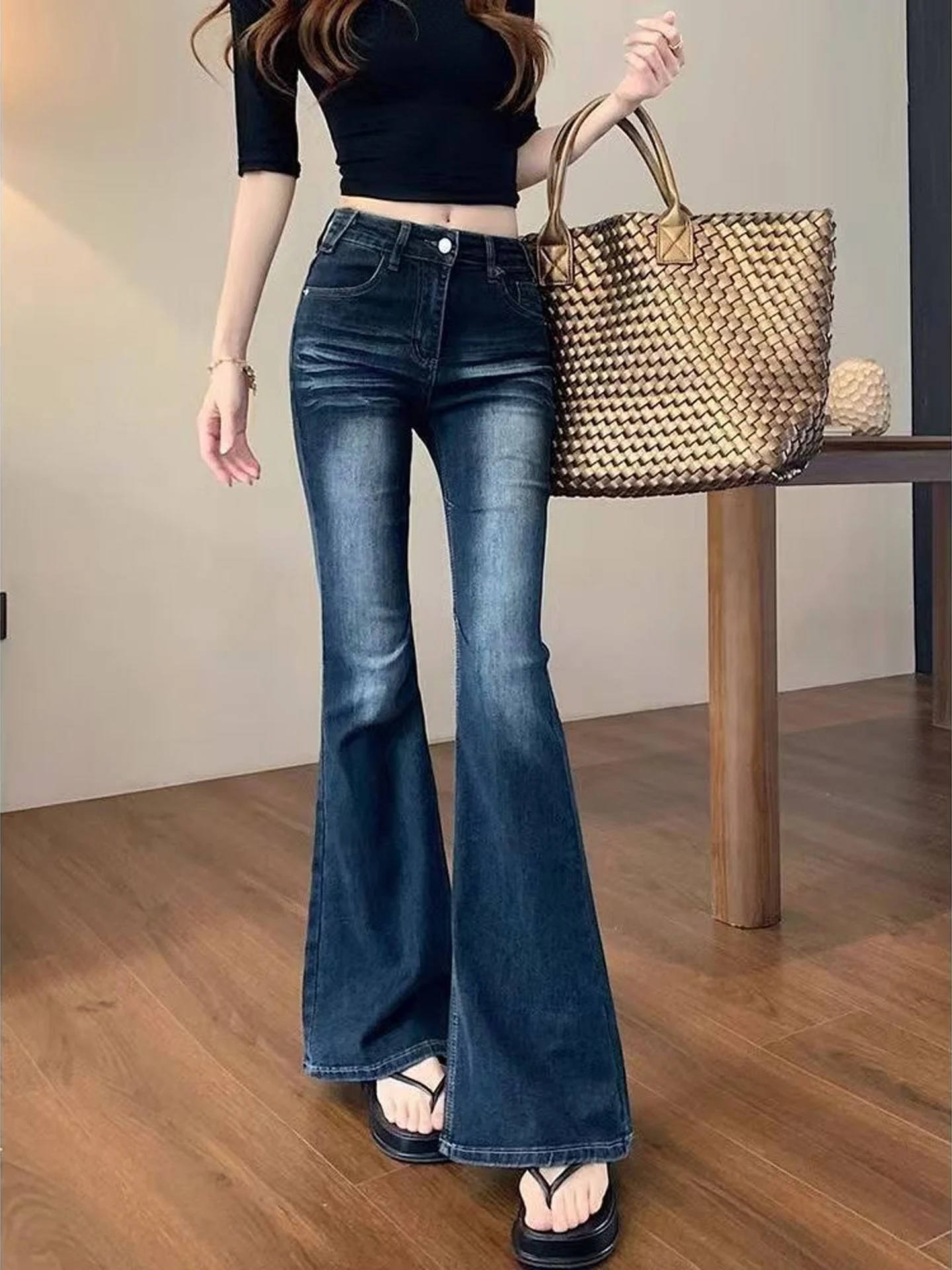 Fashionable High-Waist Bell Bottom Jeans Women's Autumn New Slimming Versatile Drapey Elastic Bell Long Pants Korean Style