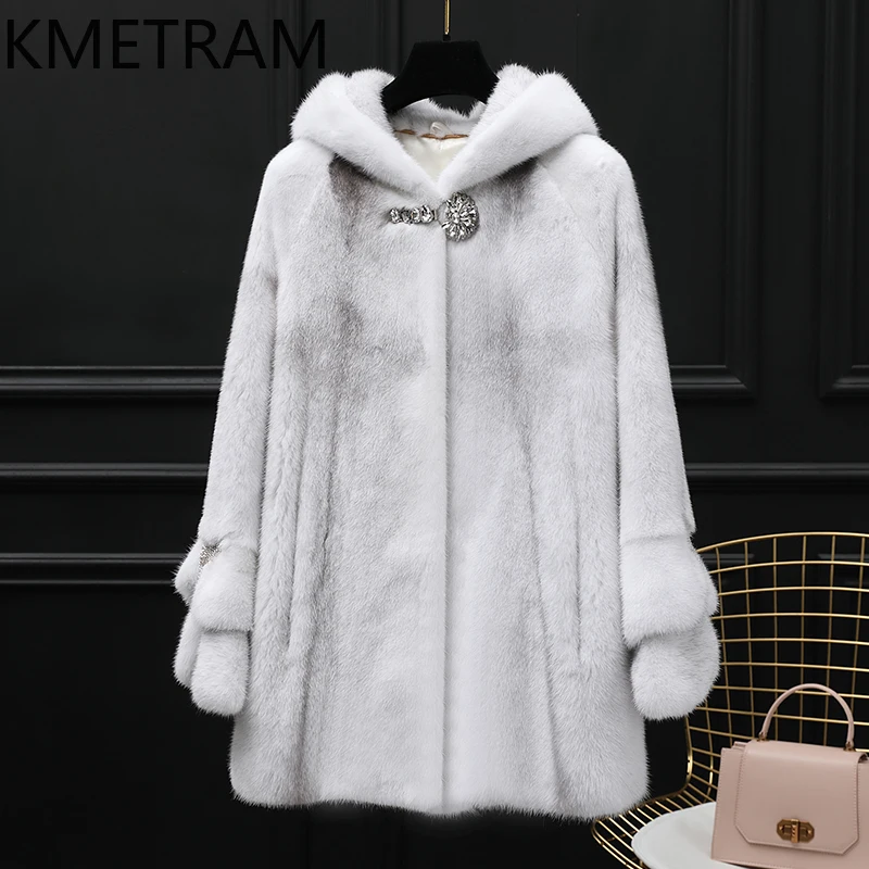 Real Cross Mink Fur Coat Women with Hood Luxury Mid Length Fur Jacket for Woman Winter New in Coats Womans Clothing 2025 шуба