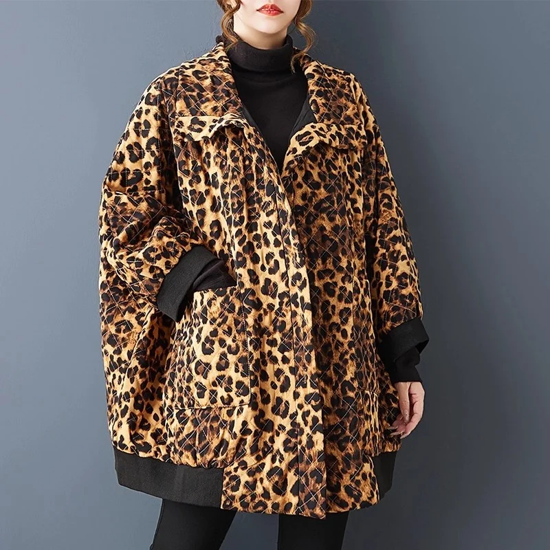 Leopard Print Jacket Spring And Autumn Loose Lapel Long Sleeved Thin Fashionable Loose Casual Contrasting Color Coat w1559