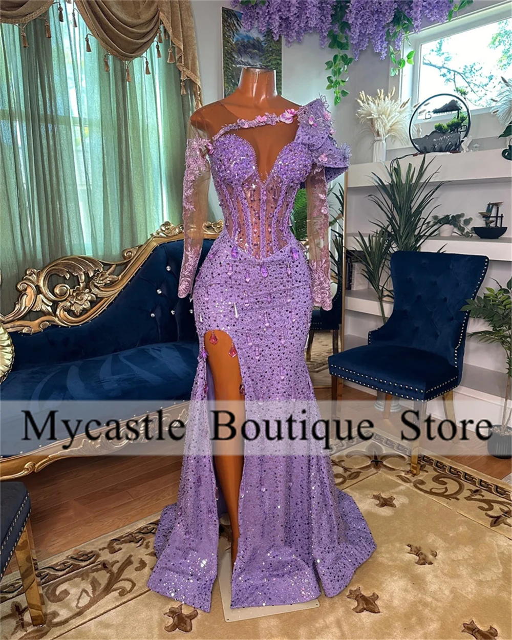 Sparkly Purple Sequins Mermaid Prom Dresses Black Girls 2024 Long Sleeve Crystals Side Slit Evening Dress Birthday Party Dress