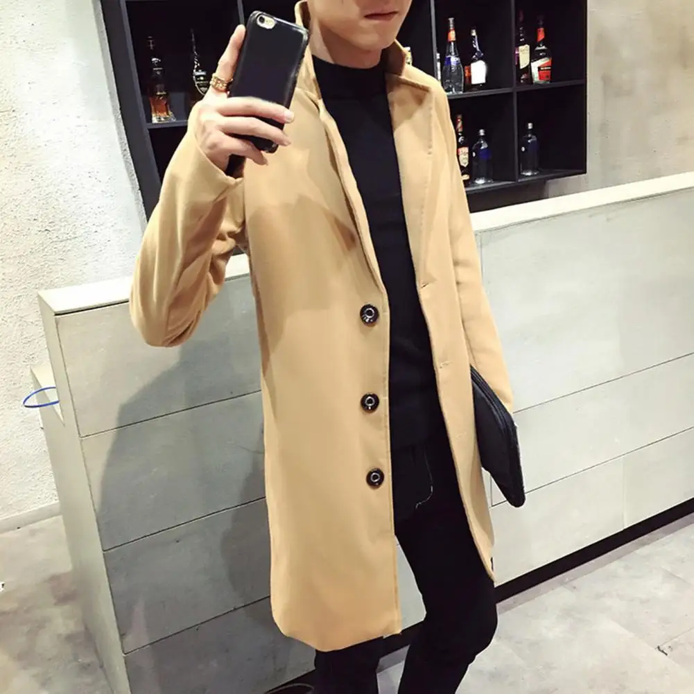 Men Winter Trench Coats Thick Long Sleeve Turn-down Collar Solid Color Single-breasted Mid Length Jackets for men куртка мужская