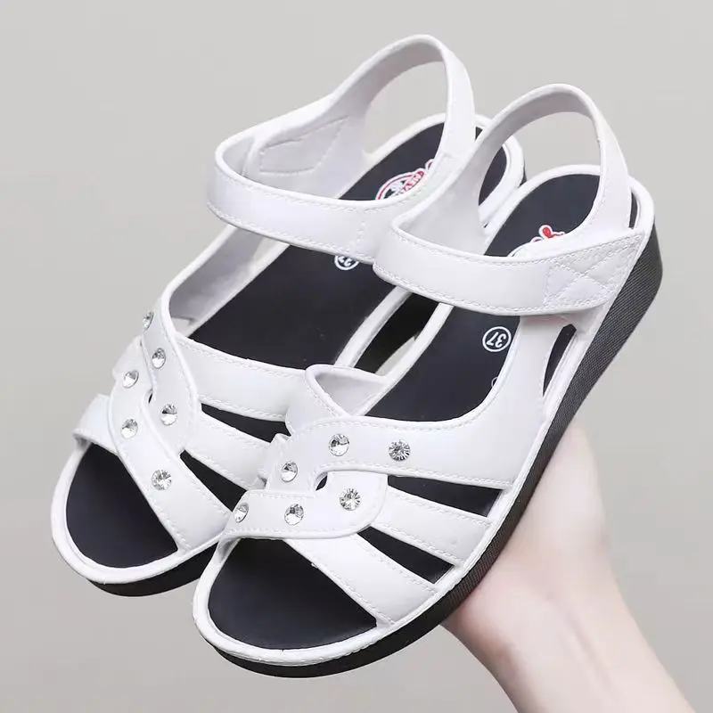 

Women Open Toe Hollow Out Flat sole Sandals Summer New Soft sole Non Slip Lightweight Breathable Middle Aged And Elderly Sandals
