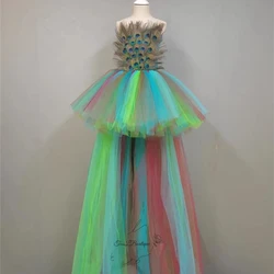 Peacock Fairy Costume Dress Baby Girl Toddler Junior Tutu Dress with Train Girl Dress for Halloween Birthday Party Performance