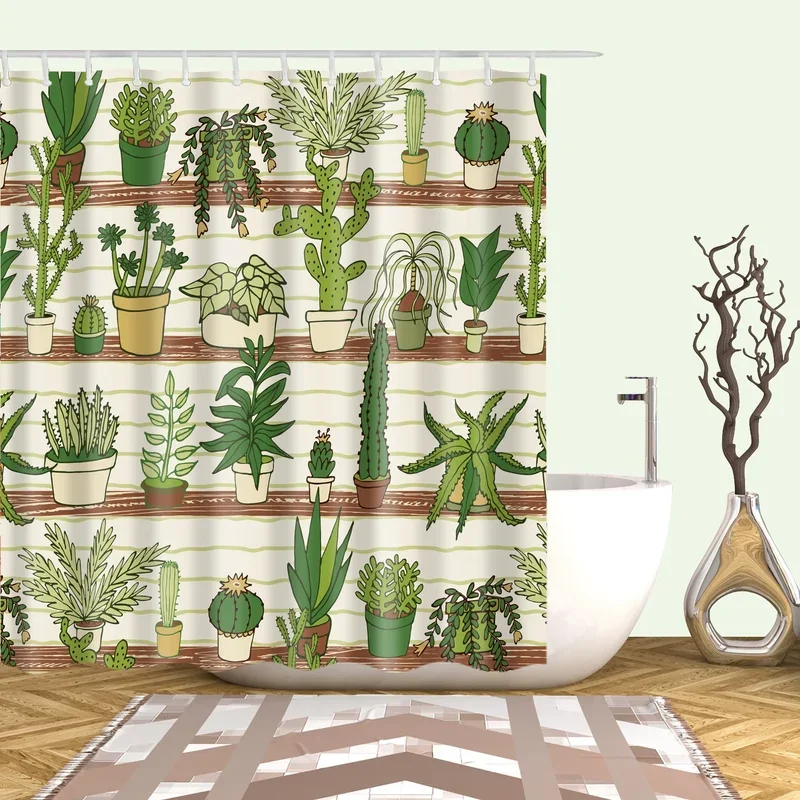 Tropical Greenery Shower Curtain Succulent Cactus Palm Pineapple Tropical Fruit Cat Bathroom Decoration Shower Curtain With Hook