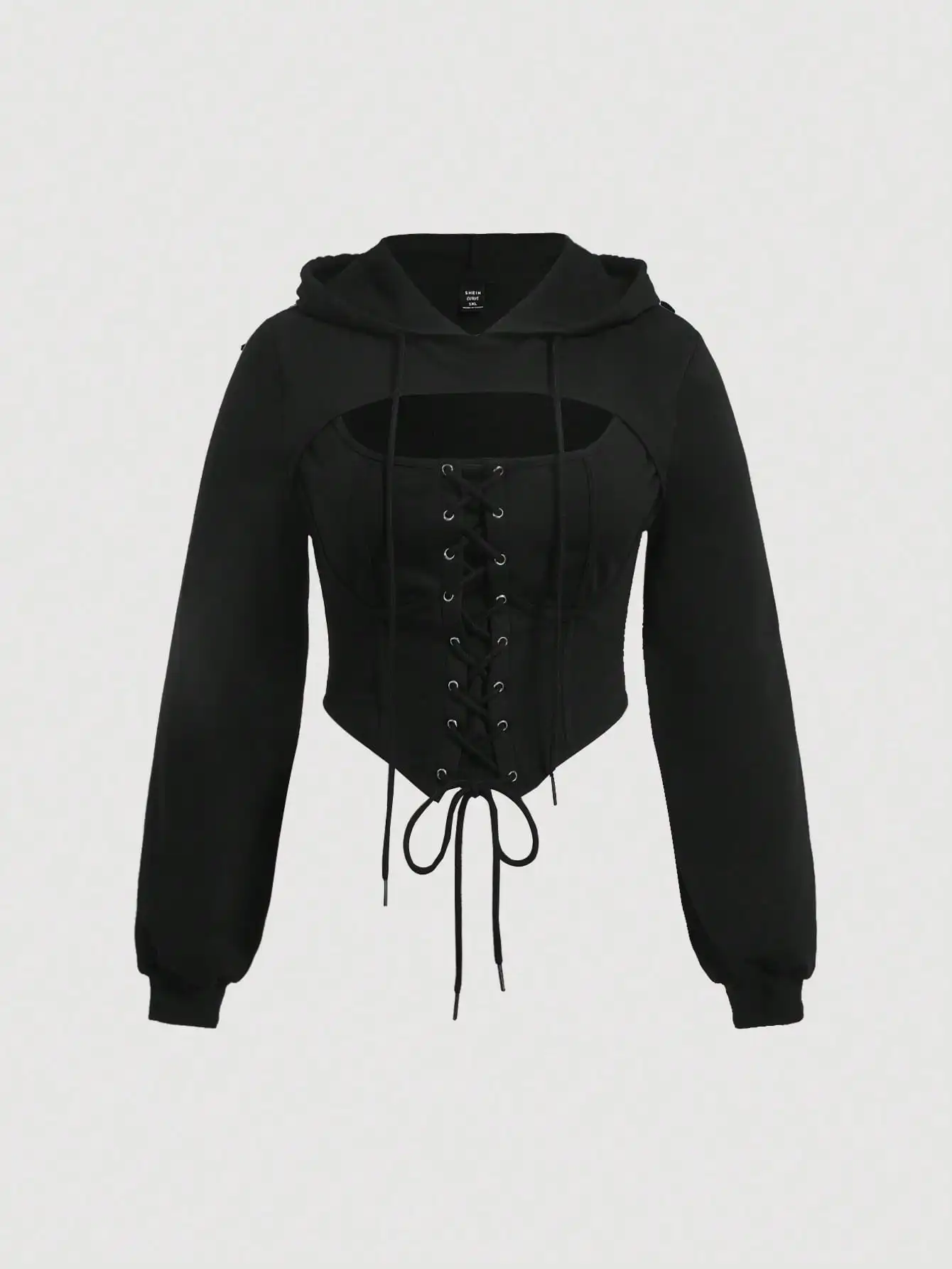 

Черная укороченная толстовка с корсетными элементами на шнуровке и вырезами