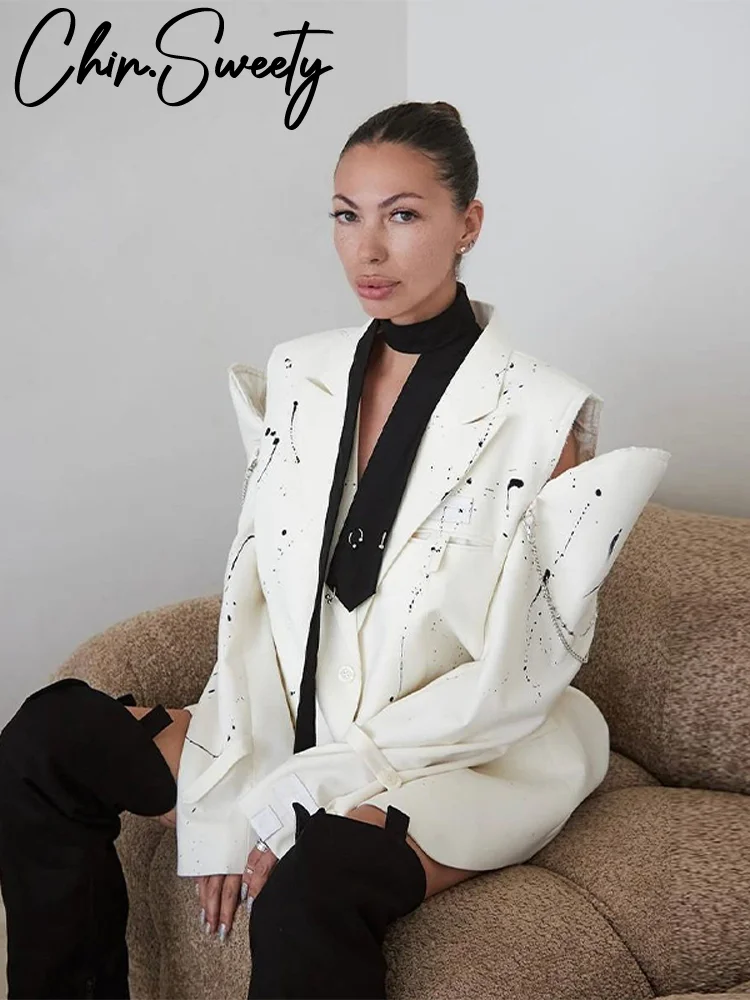 طباعة الباردة الكتف طويلة الأكمام دعوى سترة المرأة موضة بدوره إلى أسفل طوق واحدة الصدر جيوب بليزرات قاطرة ملابس خارجية